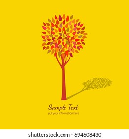 Template Design poster of tree in Autumn. Hand drawn cartoon retro style. Autumnal abstract  leaf silhouette. Red yellow leaves. Idea for decorative seasonal event banner. Vector vintage illustration