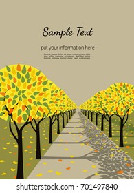 Template Design poster of tree in Autumn. Hand drawn cartoon retro style. Autumnal abstract  leaf silhouette. Red yellow leaves. Idea for decorative seasonal event banner. Vector vintage illustration