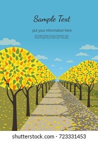 Template Design poster of tree in Autumn. Hand drawn cartoon retro style. Autumnal abstract  leaf silhouette. Red yellow leaves. Idea for decorative seasonal event banner. Vector vintage illustration
