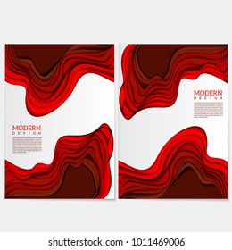 Template design for posters, banners, flyers, booklets with red abstract multilayered wavy pattern. Paper art style.
