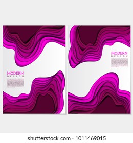 Template design for posters, banners, flyers, booklets with purple abstract multilayered wavy pattern. Paper art style.