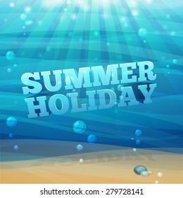 Template design, posters, banners with underwater background with waves, sand, bubbles. 3D text summer holidays. Vector.