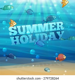 Template design, posters, banners with underwater background with waves, sand, bubbles and colorful fish. 3D text summer holidays. Vector.