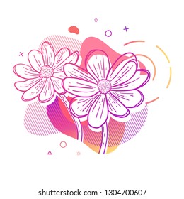 Template design print with floral line. graphic. Poster with modern abstract gradient shape with flower blossom.  Illustration for t-shirt,  summer and spring banner. Vector.
