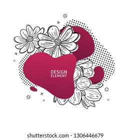 Template design print with floral line. graphic. Poster with modern abstract gradient shape with flower blossom.  Illustration for t-shirt,  summer and spring banner. Vector.