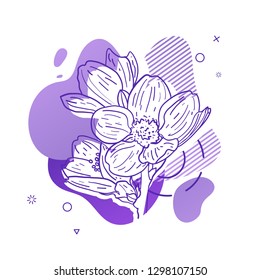 Template design print with flower line. Poster with modern abstract gradient shape with sakura blossom.  Illustration for t-shirt,  summer and spring banner. Vector.