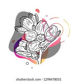 Template design print with flower line. Poster with modern abstract gradient shape with sakura blossom.  Illustration for t-shirt,  summer and spring banner. Vector.