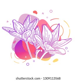 Template design print with flower line. Poster with modern abstract gradient shape with lily blossom.  Illustration for t-shirt,  summer and spring banner. Vector.