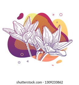 Template design print with flower line illustation. Poster with modern abstract gradient shape with lily blossom. Vector.