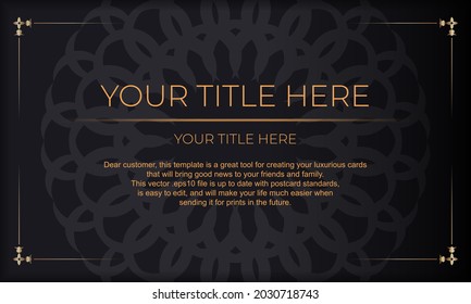 Plantilla para el diseño de la tarjeta de invitación imprimible con patrones lujosos. Banner negro con adornos griegos de lujo y lugar para tu diseño.