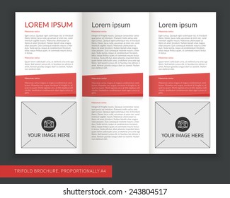 Template design of red modern creative trifold brochure. Editable and light vector with places for photos. Proportionally A4