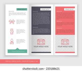 Template design of red, navy and green modern creative trifold brochure. Editable and light vector with places for photos. Proportionally A4