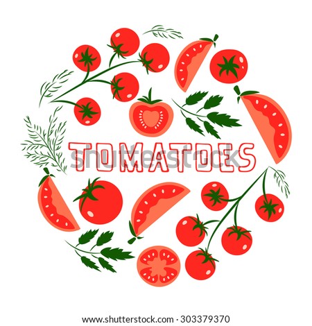 Template for design with red tomatoes. Illustrated cartoon background. Great for design of healthy lifestyle or diet.Vector illustration.