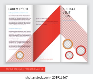 Template design of red trifold brochure with stripes and circles. Editable and light vector with places for photos. Proportionally A4