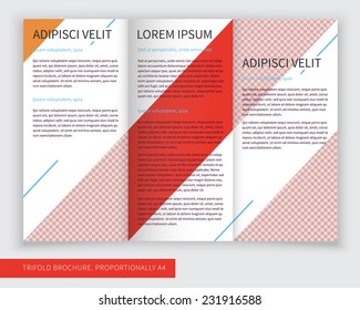 Template design of red trifold brochure with stripes and lines. Editable and light vector with places for photos. Proportionally A4