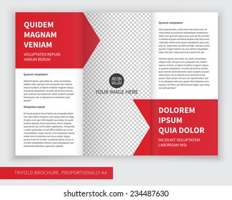 Template design of red trifold brochure. Editable and light vector with places for photos. Proportionally A4