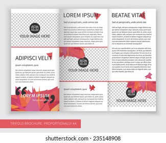 Template design of red trifold brochure with polygons. Editable and light vector with places for photos. Proportionally A4