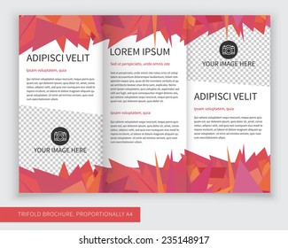 Template design of red trifold brochure with polygons. Editable and light vector with places for photos. Proportionally A4