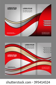 Template design of red trifold brochure with stripes and circles. Editable and light vector with places for photos. Proportionally A4
