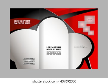 Template design of red trifold brochure with stripes and circles. Editable and light vector with places for photos. Proportionally A4
