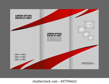 Template design of red trifold brochure with stripes and circles. Editable and light vector with places for photos. Proportionally A4
