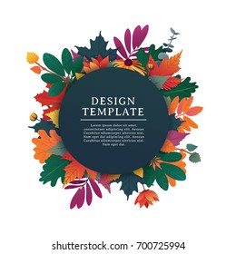 Template design round banner for fall season with white frame and herb. Promotion offer with autumnal oak plant, maple leave and flowers decoration. Vector 