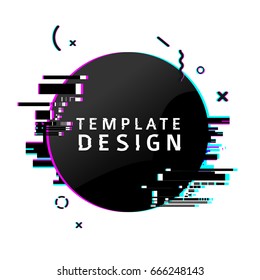 Banner redondo de diseño de plantilla con efecto deslizante. Cartel de diseño en negro circular con partículas rotas. Banner con gráfico de píxeles y elemento de bloqueo geométrico. Vector