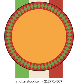 Template design with round button decorated with rhombus frame, over tricolor stripes, like Italian flag.