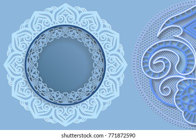 Template for design -  round frame with lace edges and  3D mandala on the side. Template for wedding and other congratulations. There is a place in the frame for text, pictures, photos. Vector.