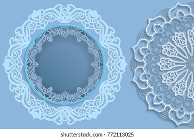 Template for design -  round frame with lace edges and  3D mandala on the side. Template for wedding and other congratulations. There is a place in the frame for text, pictures, photos. Vector.