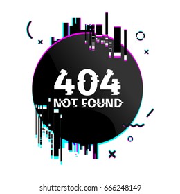 Template design round internet banner with glitch effect. Circle black layout website page 404 with broken particles. Banner error page with pixel graphic and geometric crash element.  Vector