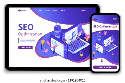 Template design SEO analytics landing page. Isometric Search engine optimization analysis concept. IT specialists working around web pages. Easy to edit and customize.