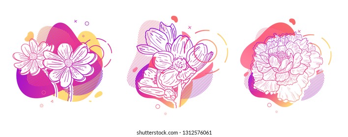 Template design set print with flower line. Poster with modern abstract gradient shape with floral blossom.  Illustration for t-shirt,  summer and spring banner.  Vector.