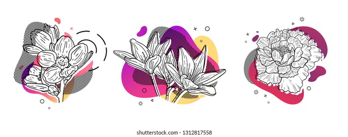 Template design set print with flower line. Poster with modern abstract gradient shape with floral blossom.  Illustration for t-shirt,  summer and spring banner.  Vector.
