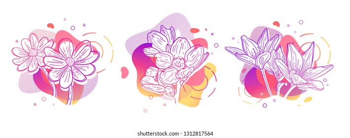 Template design set print with flower line. Poster with modern abstract gradient shape with floral blossom.  Illustration for t-shirt,  summer and spring banner.  Vector.