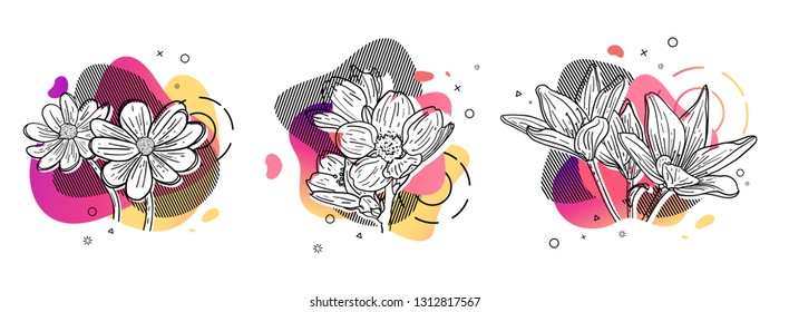 Template design set print with flower line. Poster with modern abstract gradient shape with floral blossom.  Illustration for t-shirt,  summer and spring banner.  Vector.