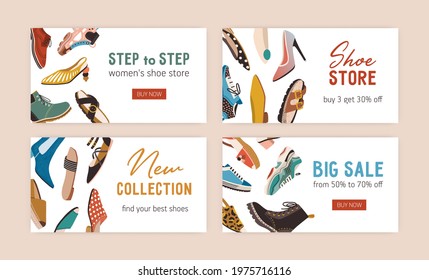 Template design of shoe store's discount or business cards decorated with spring and summer footwear. Set of horizontal banners with trendy fashion boots and sandals. Colored flat vector illustration.