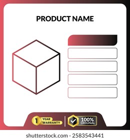 Template design showing a product promotion. Product name, warranties, and space for descriptions are included on a red and white background