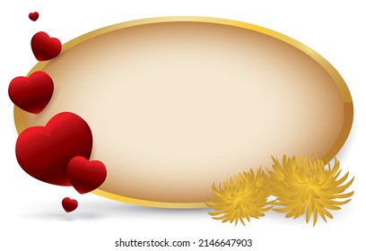 Template design with sign decorated with floating golden frame, sized hearts and yellow chrysanthemums.