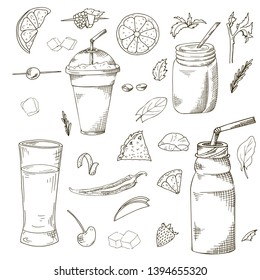 Template design with smoothie for banner, brochure. Organic fruit shake with ingredients. Vector illustration.