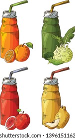 Template design with smoothie for banner, brochure. Organic fruit shake with ingredients. Vector illustration.