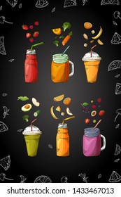 Template design with smoothie for banner, brochure. Organic fruit shake with ingredients. Vector illustration