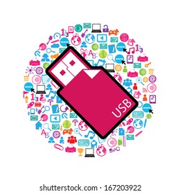 template design with social network icons background ,USB Flash drive