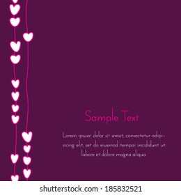 Template design with space for text and stylized hearts on threads, on a dark violet red background 