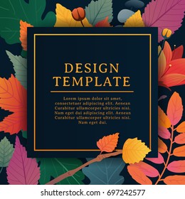 Template Design Square Banner For Fall Season With White Frame And Herb. Promotion Offer With Autumnal Oak Plant, Maple Leave And Flowers Decoration. Vector 