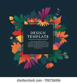 Template design square banner for fall season with white frame and herb. Promotion offer with autumnal oak plant, maple leave and flowers decoration. Vector 