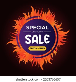 Banner cuadrado de diseño de plantilla con venta especial. Tarjeta negra para oferta caliente con gráfico de fuego de marco. Diseño de afiches publicitarios con borde de llama sobre fondo blanco.