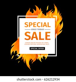 Template design square banner with Special sale.  White card for hot offer with frame fire graphic. Advertising poster layout with flame border on black background. Vector.