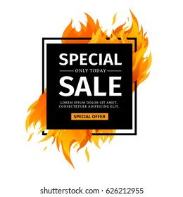 Template design square banner with Special sale. Black card for hot offer with frame fire graphic. Advertising poster layout with flame border on white background. Vector.