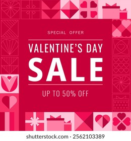 Template design square banner for Valentine's day sale offer. Geometric background with hearts and gifts for happy holiday sale. Romantic promotion card and flyer. Vector.